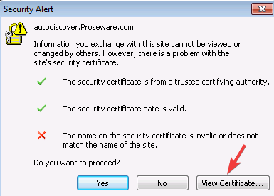 Просмотр сертификата в сертификате безопасности Outlook