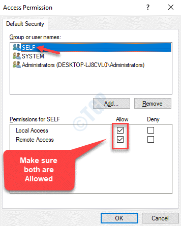 アクセス許可セルフローカルアクセスとリモートアクセスは両方のチェックボックスをオンにすることを許可します