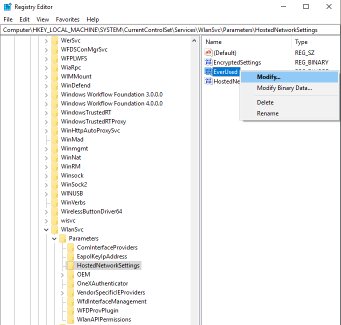 HostedNetworkSettings в редактора на системния регистър - изтеглете хоствания от Microsoft хостван мрежов драйвер за виртуален адаптер