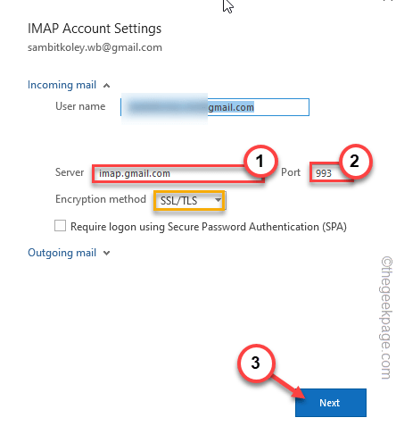 Минимальное изменение порта Imap Gmail
