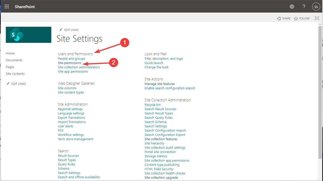 Stran z nastavitvami spletnega mesta – spletni gradnik Sharepoint Edit ni dovoljen