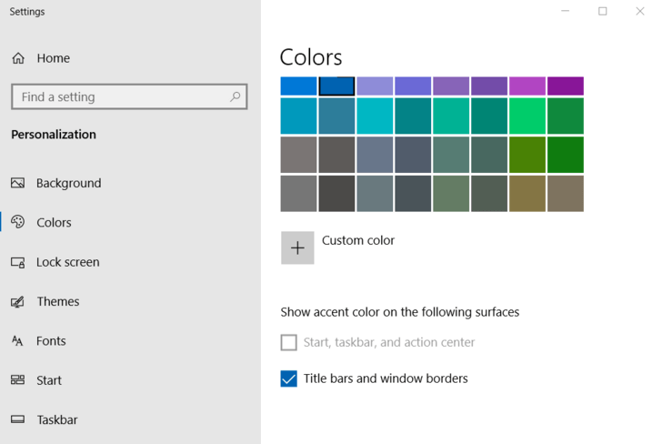 Пользователи не могут применить выбранный цвет к панели задач в Windows 10 v1903