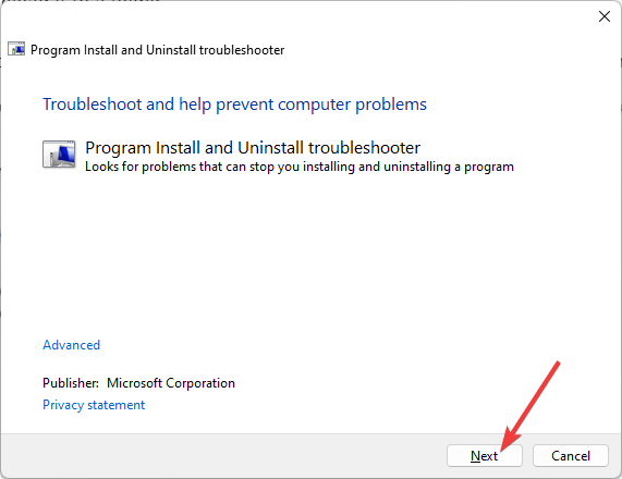 facendo klikk på Avanti, installer og avinstaller strumento di risoluzione dei problemene