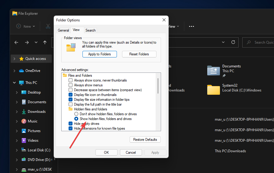 Опцията за показване на скрити файлове, папки и дискове в Windows 11 за търсене е изключена