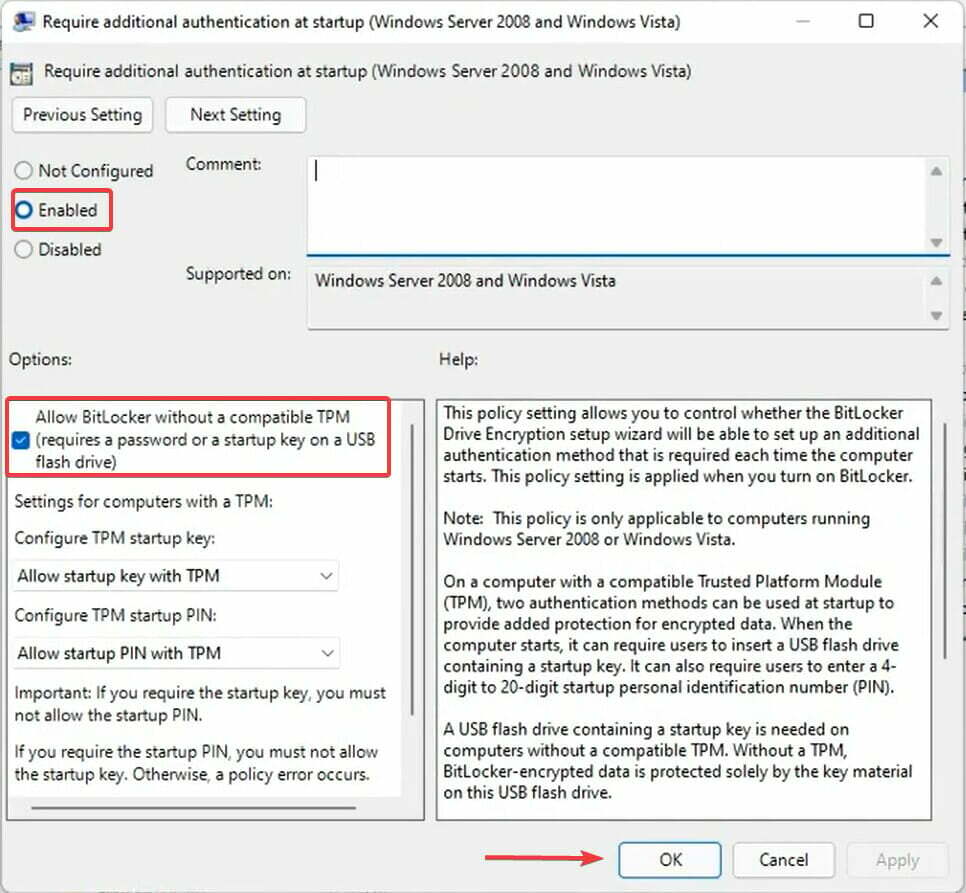 אפשר מדיניות לתיקון נכשל פתיחת כלי לוח הבקרה של BitLocker Windows 11