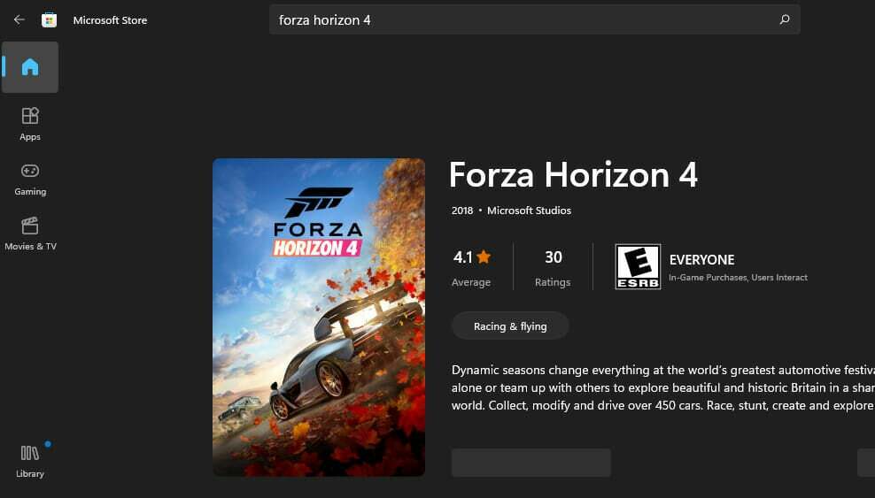 Forza Horizon 4 MS Store'i leht forza horizon 4 ei tööta Windows 11-ga