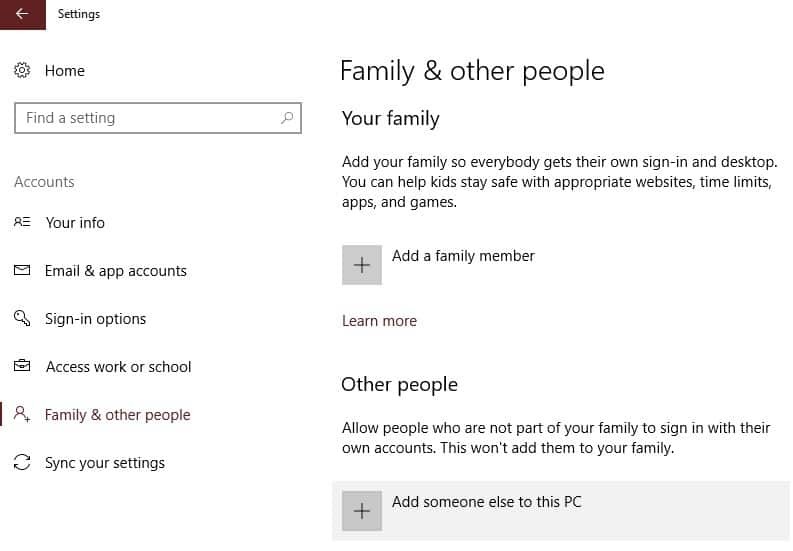 configurações do Windows 10 para família e outras pessoas