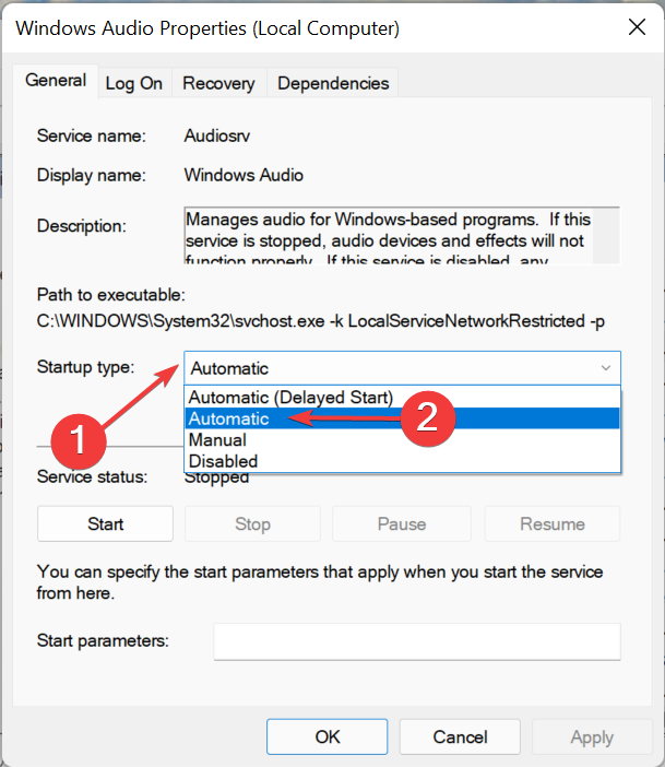 Установите автоматический тип запуска, чтобы исправить искаженный звук Windows 11