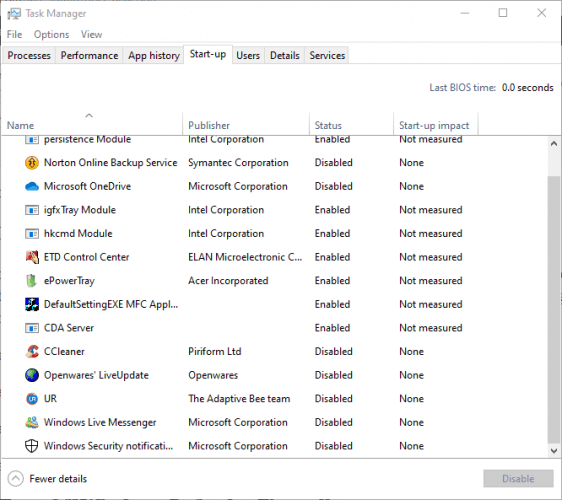 L'erreur Outlook de l'onglet Démarrage 0x8004010f Windows 10