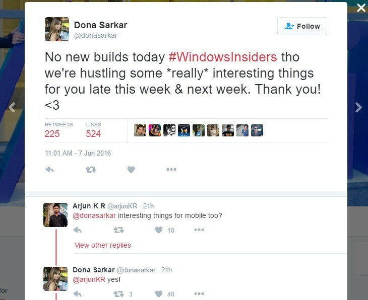 Dona Sarkar prende in giro Windows 10 Insider con "alcune cose davvero interessanti" alla fine di questa settimana