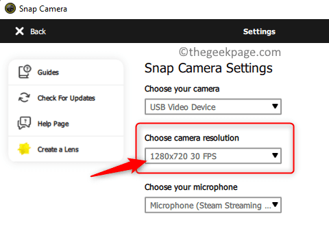 Snap Camera Settings اختر Camera Resolution Min
