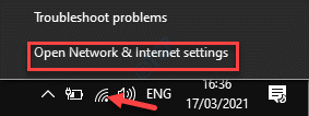 Ícone de rede da barra de tarefas Clique com o botão direito em Abrir Internet e configurações de rede
