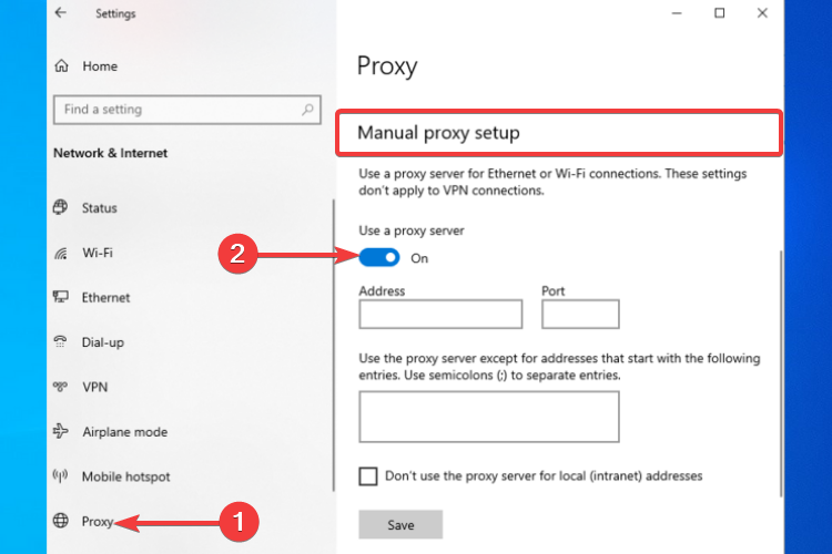 A configuração manual do proxy mostra Usar um servidor proxy