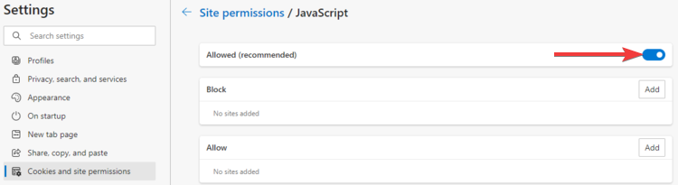 Edge viser JavaScript tillatt