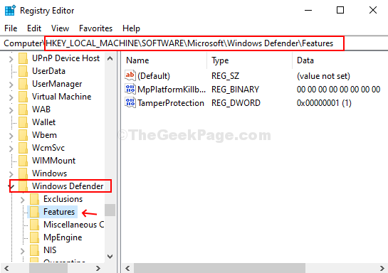 Шлях редактора реєстру Особливості Windows Defender