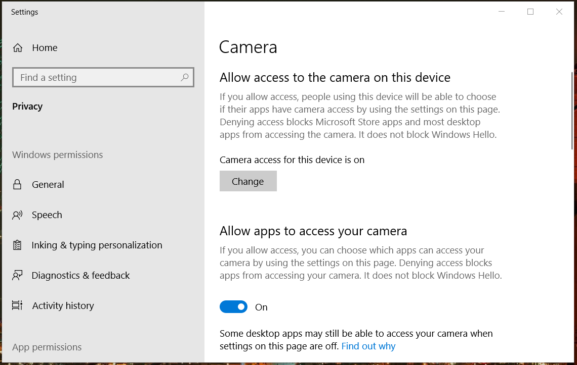 L'option Autoriser les applications à accéder à votre appareil photo discord appareil photo ne fonctionne pas