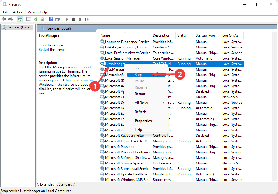 LxssManager-ის შეჩერება WSL შეცდომის გამოსასწორებლად Windows 11-ზე