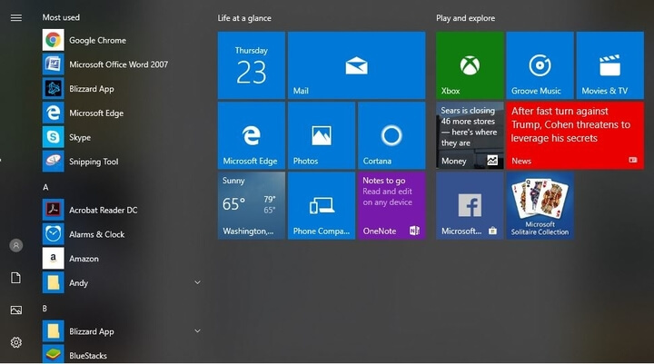 меню "Пуск" живые плитки Windows 10