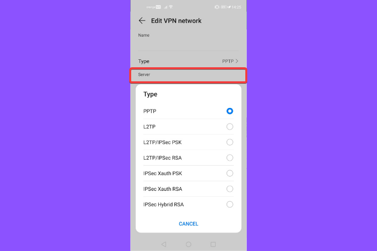 Huawei zeigt VPN-Servertypen an