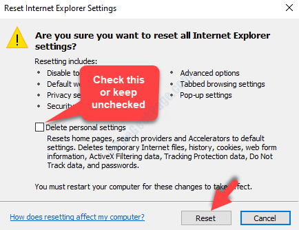 Nulstil Internet Explorer-indstillinger Slet personlige indstillinger Nulstil