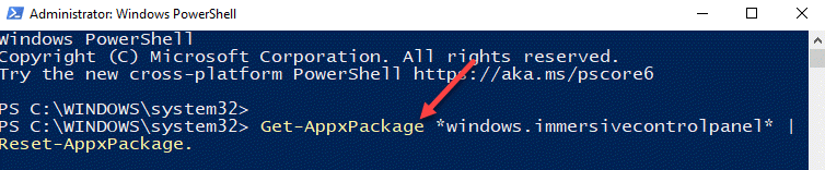 Windows PowerShell (מנהל מערכת) הפעל פקודה כדי לאפס את יישום ההגדרות הזן