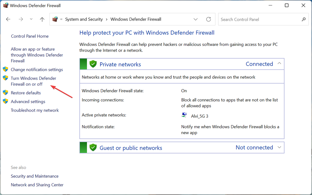 Zapněte nebo vypněte bránu firewall systému Windows Defender