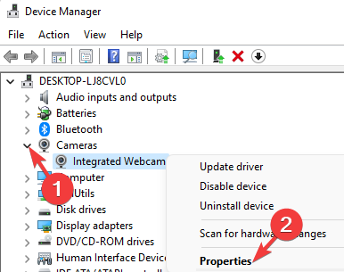 Fare clic con il pulsante destro del mouse su Webcam integrata in Gestione dispositivi e selezionare Proprietà