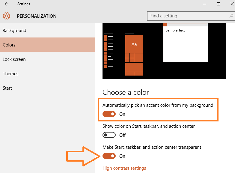 Slå på / av Transparens i startmenyn, aktivitetsfältet i Windows 10
