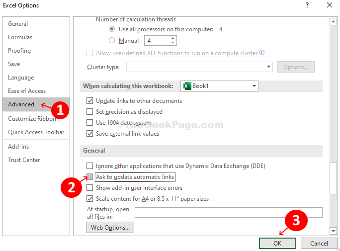 Excel opcijas Advanced noņemiet atzīmi no izvēles rūtiņas Jautāt, lai atjauninātu automātiskās saites