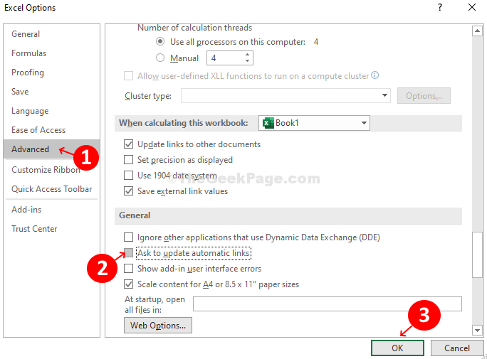 אפשרויות Excel מתקדם בטל את הסימון של בקש לעדכן קישורים אוטומטיים