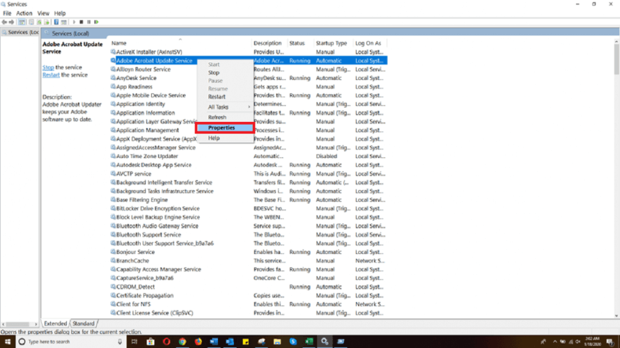 откройте свойства службы, чтобы отключить Adobe Updater Windows 10
