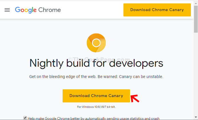 Официална уеб страница Щракнете върху Изтегляне на Chrome Canary