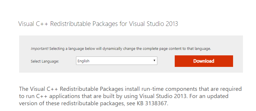 VC ++ resdistributable Visual Studio 2013 - imagem inválida de erro de origem