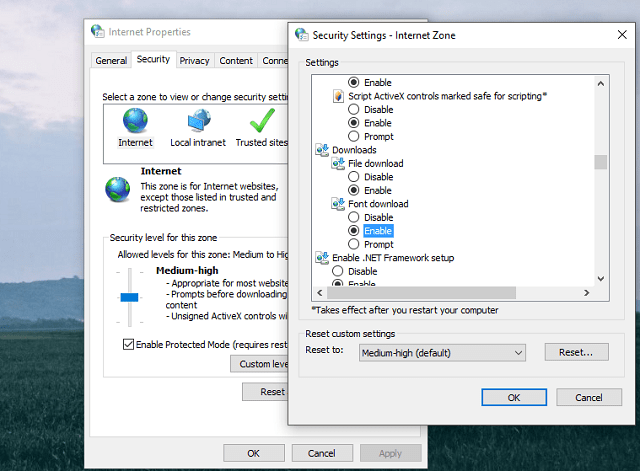 la configuración de seguridad de Internet no puede descargar archivos de Windows