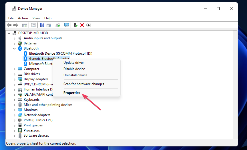 Rekvizītu konteksta izvēlnes opcija Windows 11 maina Bluetooth nosaukumu