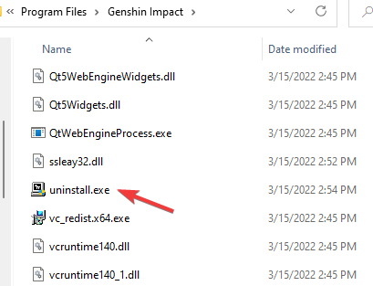 Dubbelklicka på Uninstall.exe i Genshin Impact-mappen