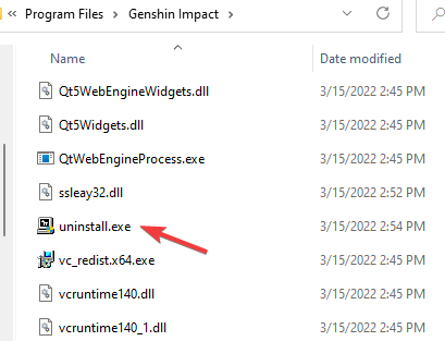 Topeltklõpsake Genshin Impact kaustas Uninstall.exe