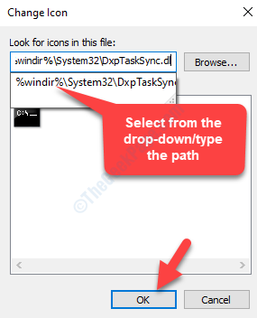Alterar ícone Procure ícones neste caminho de tipo de arquivo ou selecione no menu suspenso Ok