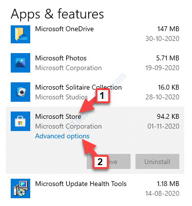 แอพและคุณสมบัติ ตัวเลือกขั้นสูงของ Microsoft Store