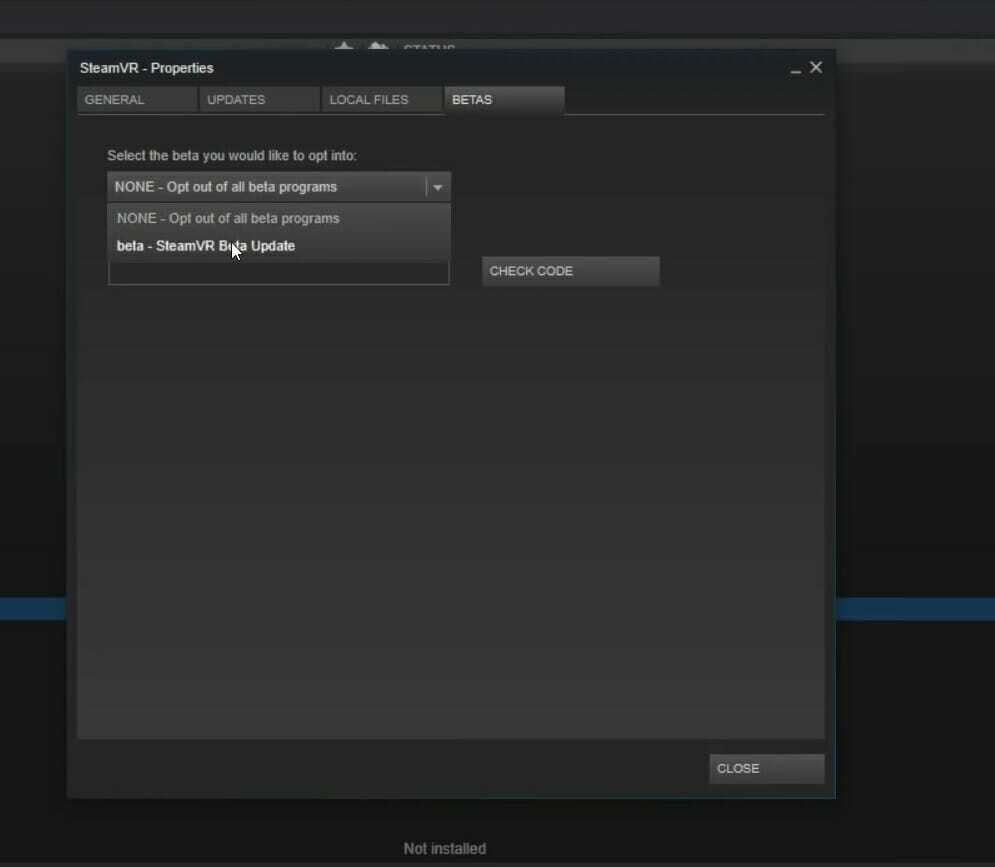 Opcja aktualizacji SteamVR Beta Błąd steamvr 306