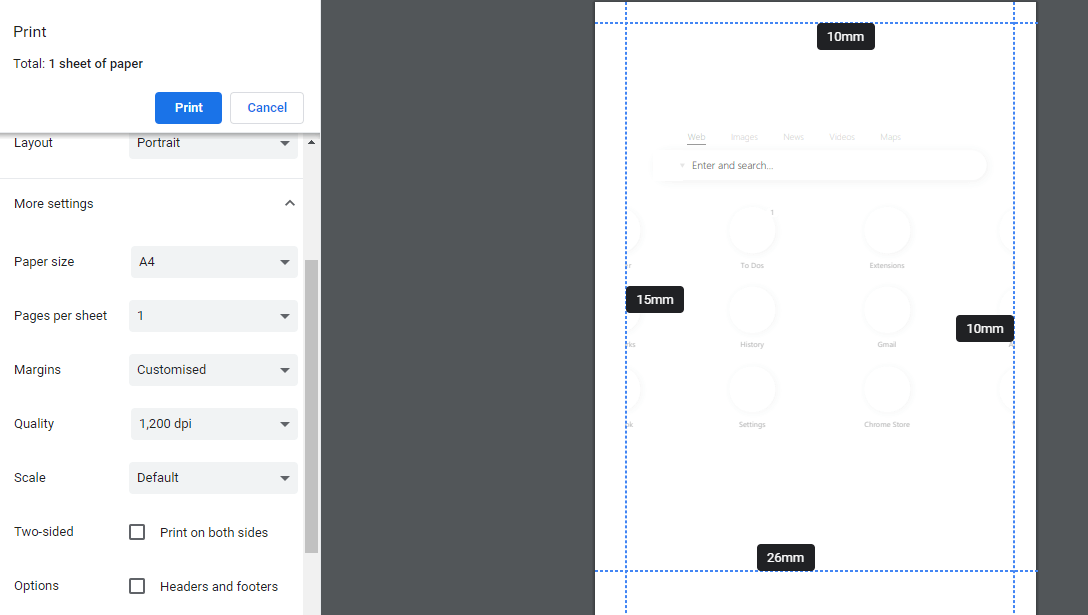 Chrome'i printimisvalikud, minu printer lõikab lehe alaosa ära