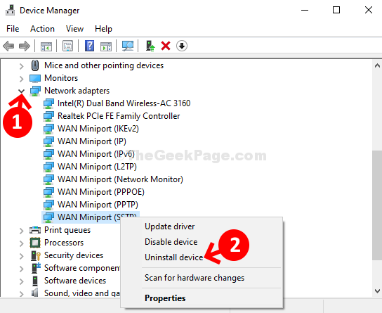 „Device Manager“ tinklo adapteriai Išplėskite „Wan Miniport“ (sstp) dešiniuoju pelės mygtuku spustelėkite Pašalinti įrenginį