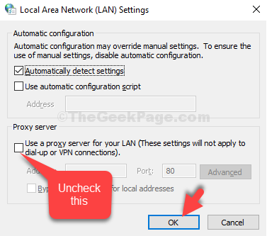 LAN nustatymai Tarpinis serveris Naudokite tarpinį serverį savo lokui Atžymėkite Gerai