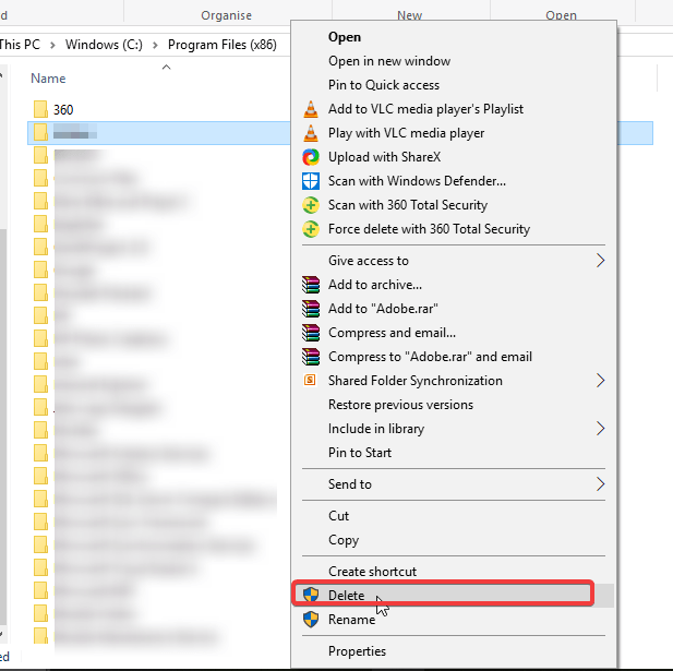 usuń pliki programu folderów