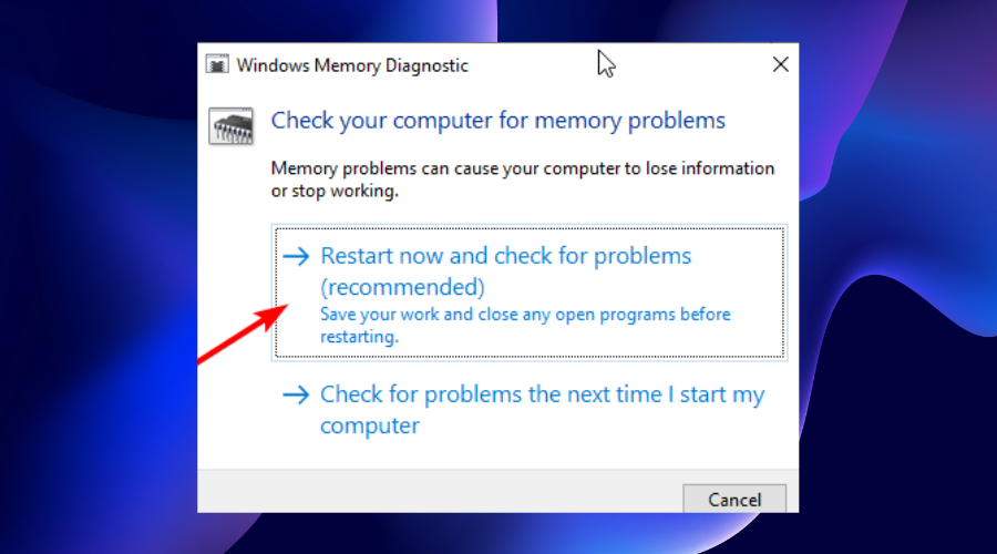 Sasniegts atmiņas diagnostikas Windows 11 pārtraukuma punkts