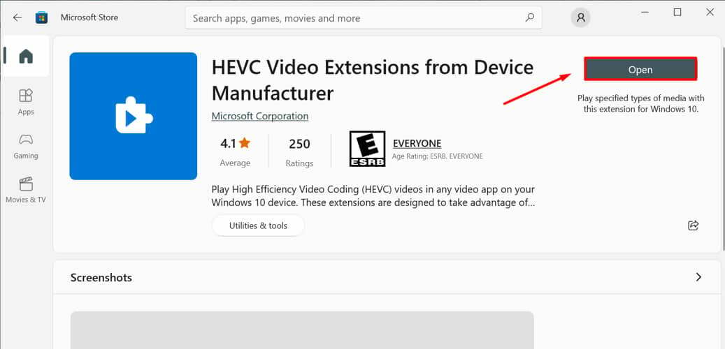 avage tasuta tööriist hevc videolaiendite jaoks Windows 11
