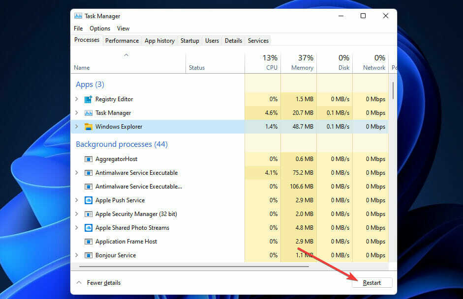 Gumb za ponovno pokretanje Windows 11 File Explorer zaostaje