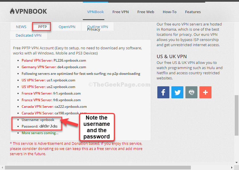 VPNbook Website Pptp Tab Hinweis Benutzername und Passwort