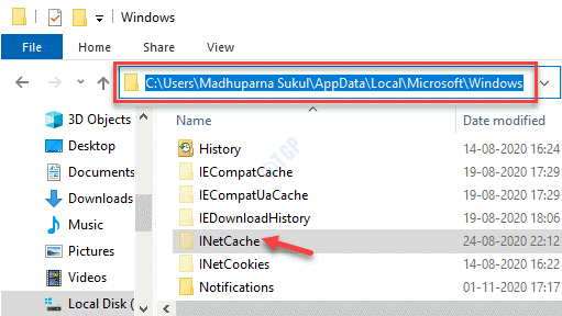 File Explorer Придвижете се до C Drive Windows папка Inetcache