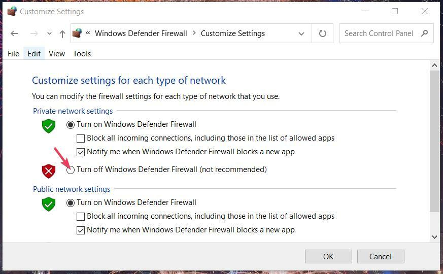 Lülitage välja Windows Defenderi tulemüüri valik, ooperi allalaadimine jäi 100 juurde
